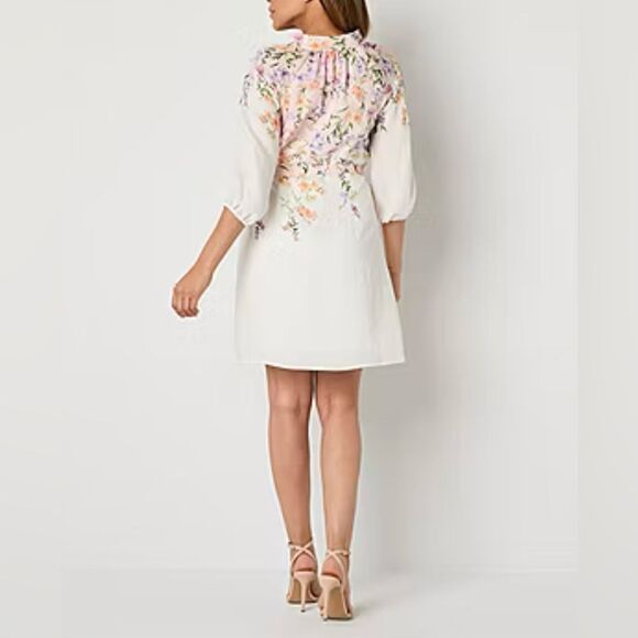 52seven 12P White Floral Mock Neck Button Front 3/4 Sleeve Belted Dress - Picture 3 of 16